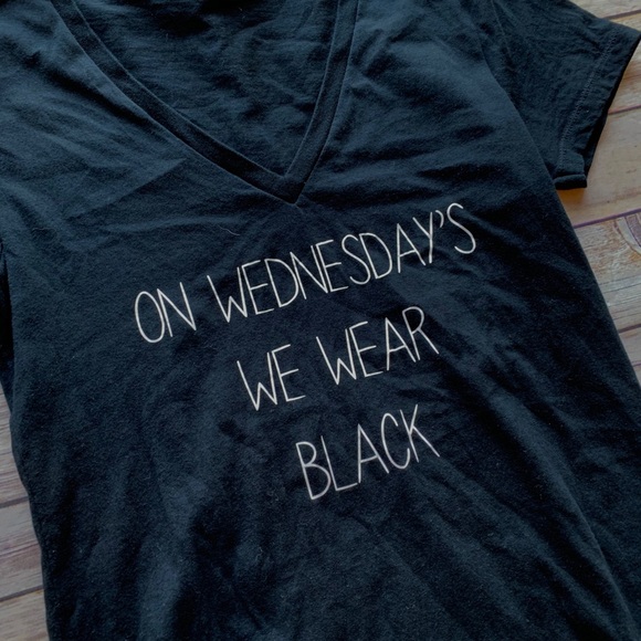 “On Wednesday’s. We Wear Black” v-neck Tee. - Picture 2 of 2